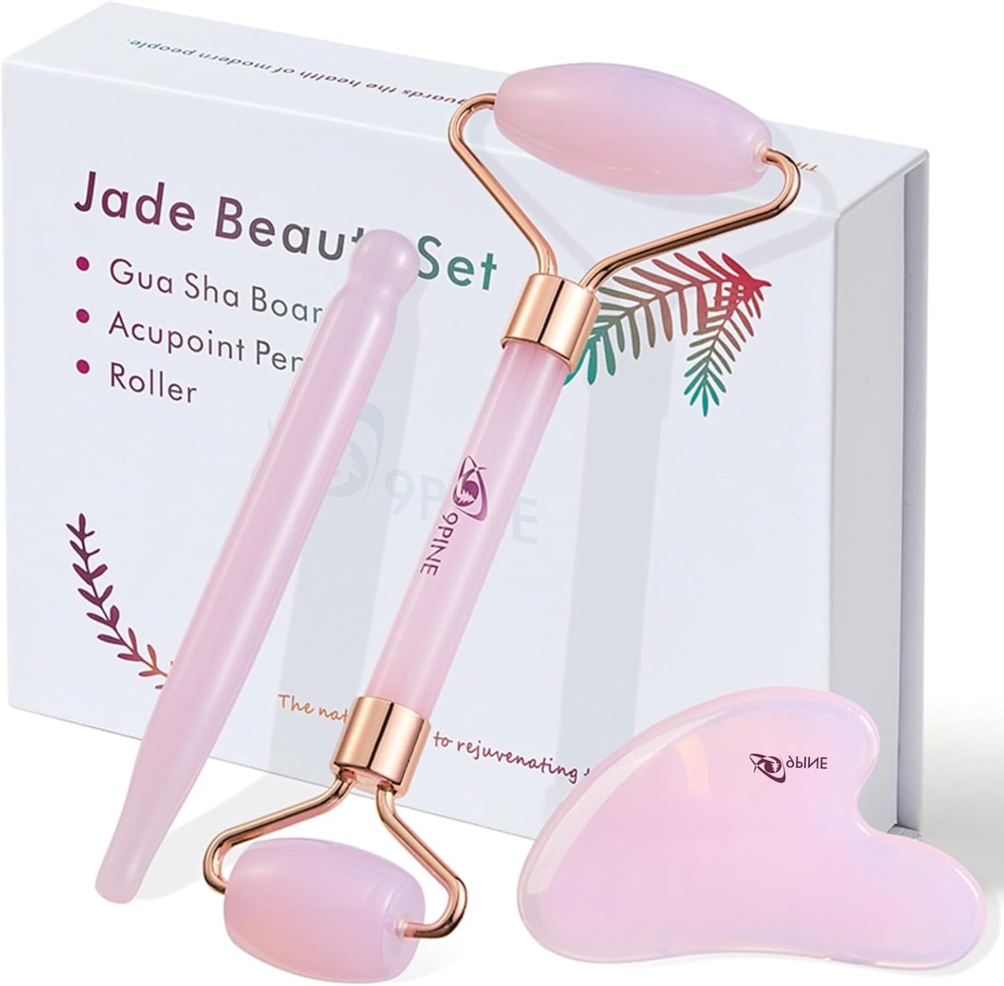 Jade Roller and Gua Sha Set, Face Massage Tools for Skincare,Facial Tools for Face, Neck, Eyes, for Enhanced Lymphatic Drainage, Self Care Gift for Men Women(Pink)