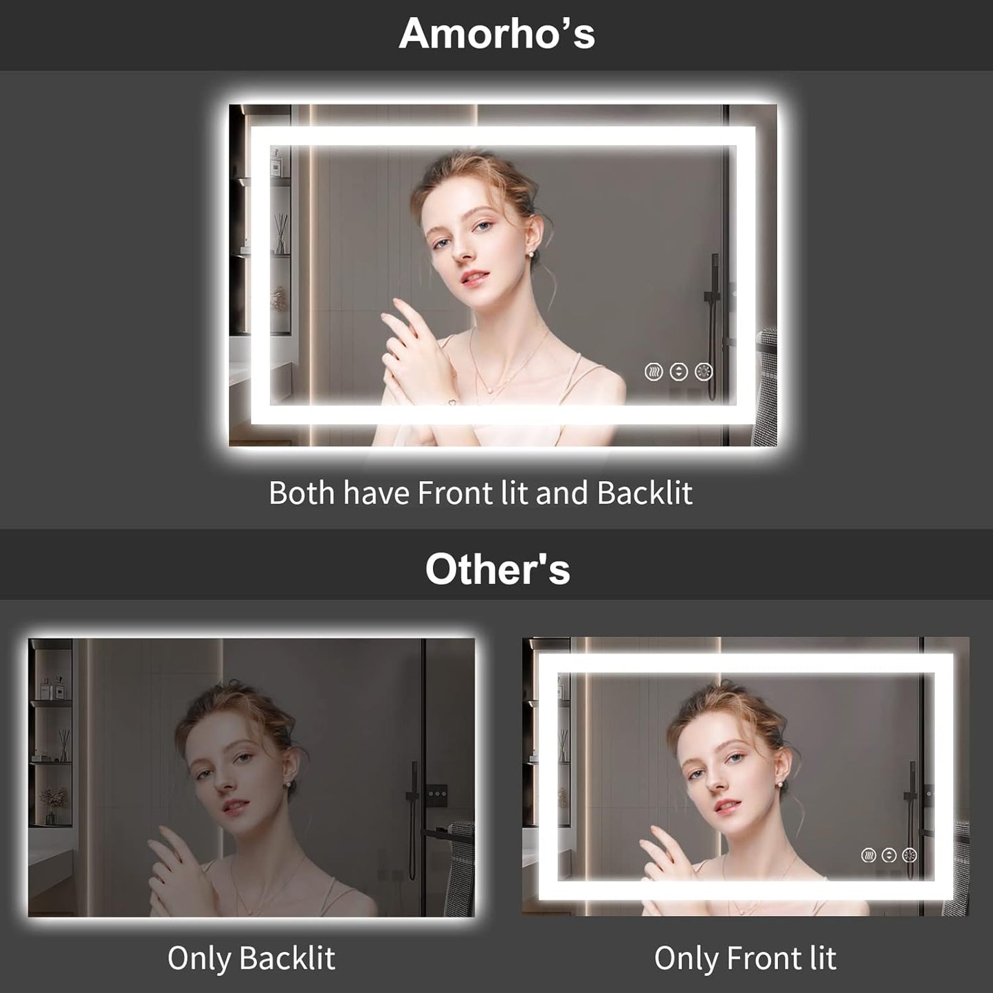 Amorho LED Bathroom Mirror 55"X40" with Front and Backlight, Stepless Dimmable Wall Mirrors with Anti-Fog, Shatter-Proof, Memory, 3 Colors, Double LED Vanity Mirror(Horizontal/Vertical)