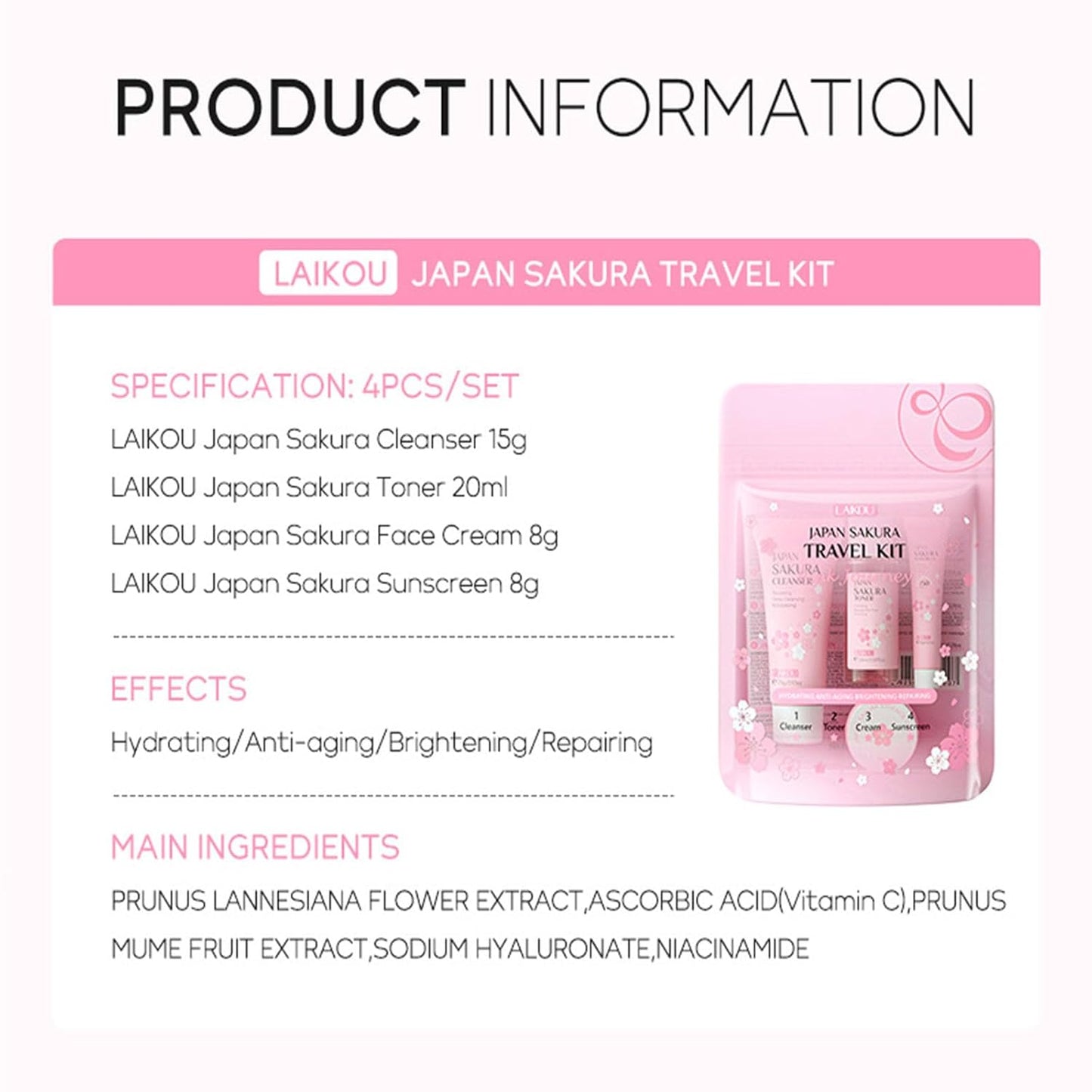 Sakura Travel Skincare Set for Teenage Girls - Face Routine Set for Women,4 Piece Gentle Skin Cleaning & Care Travel Size Kit With Cleanser, Toner, sunscreen and Face Cream