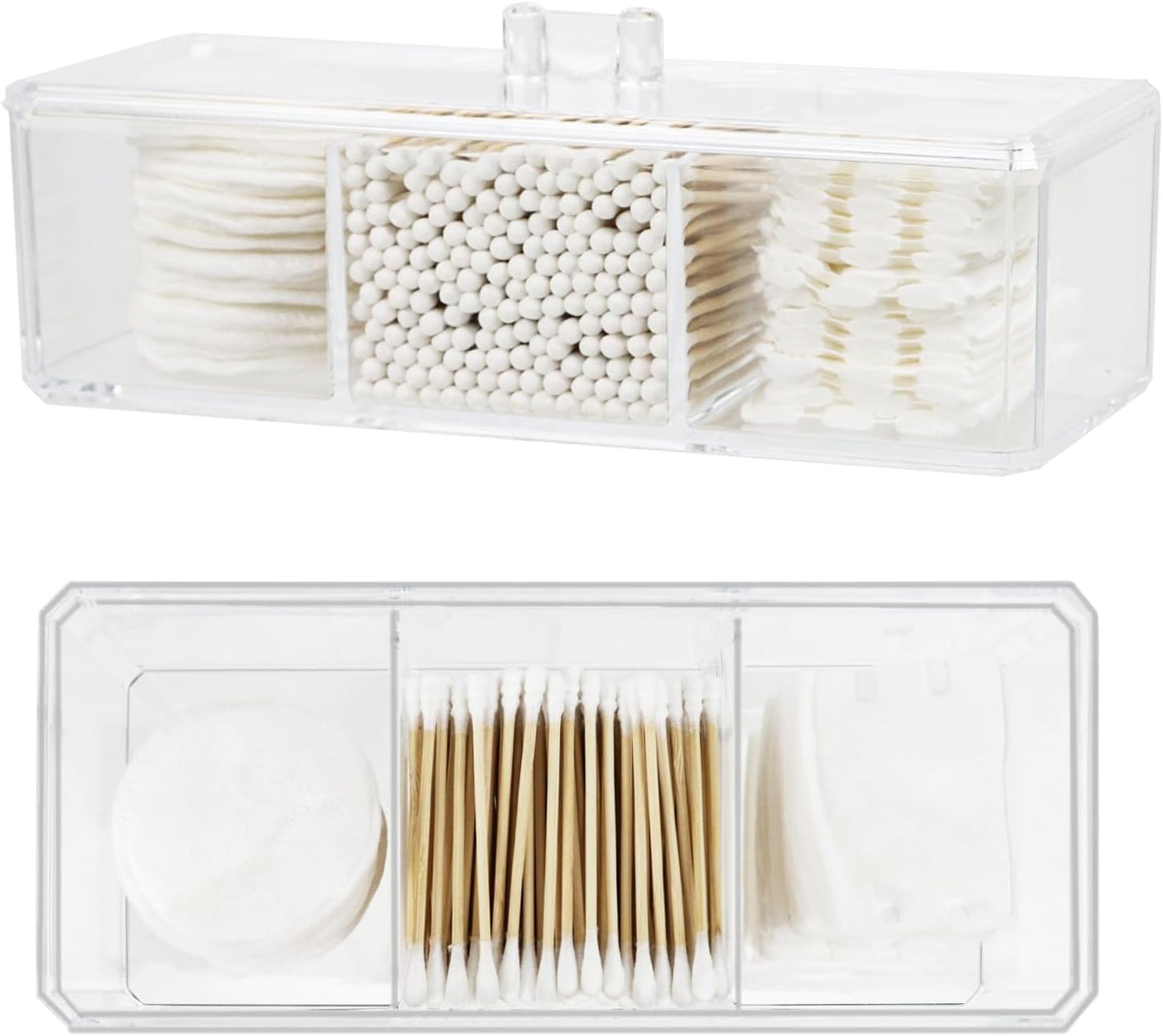 Clear Bathroom Dresser Organizer - Cotton Ball Swab Holder with 3 Divided Compartments&Lid, , Waterproof Transparent Small Plastic Storage Containers, Vanity Makeup Organization