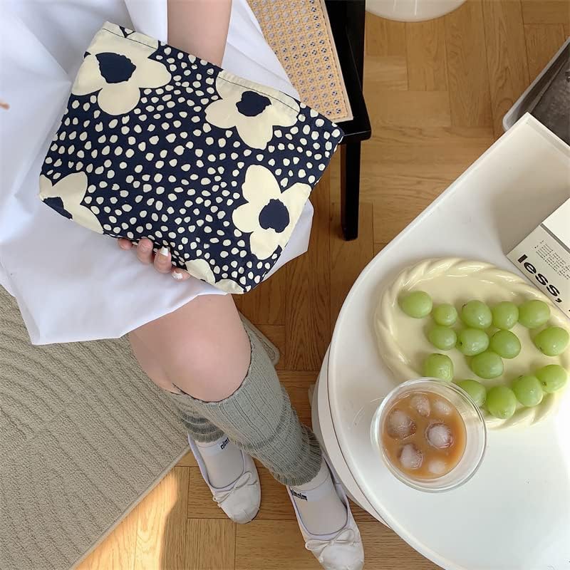 PAZIMIIK Floral Makeup Bag Large Cotton Zipper Pouch for Purse Travel Canvas Make Up Organizer for Women Cosmetic,Floral Navy Blue