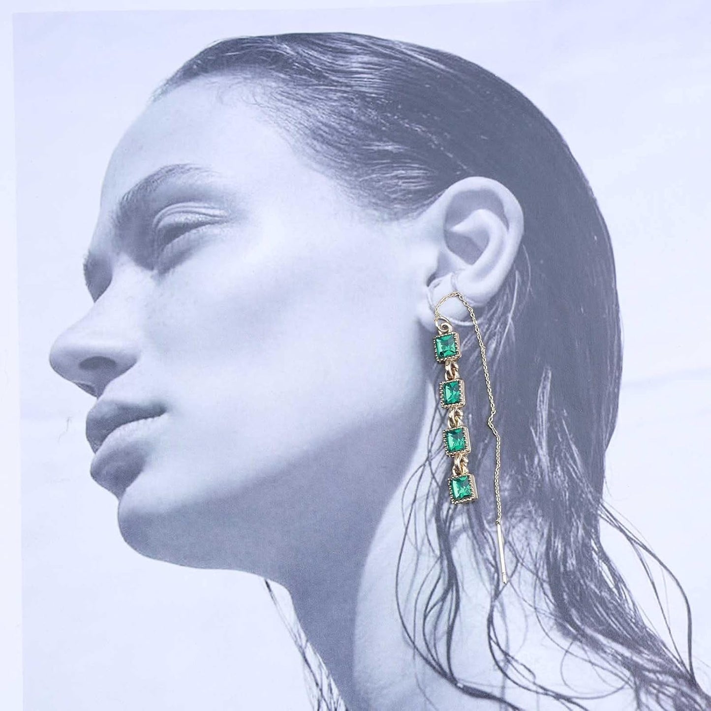 Vintage Emerald Crystal Threader Earrings Green Gem Drop Earrings Emerald Cz Square Earrings Gold Long Emerald Chain Earrings Jewelry for Women