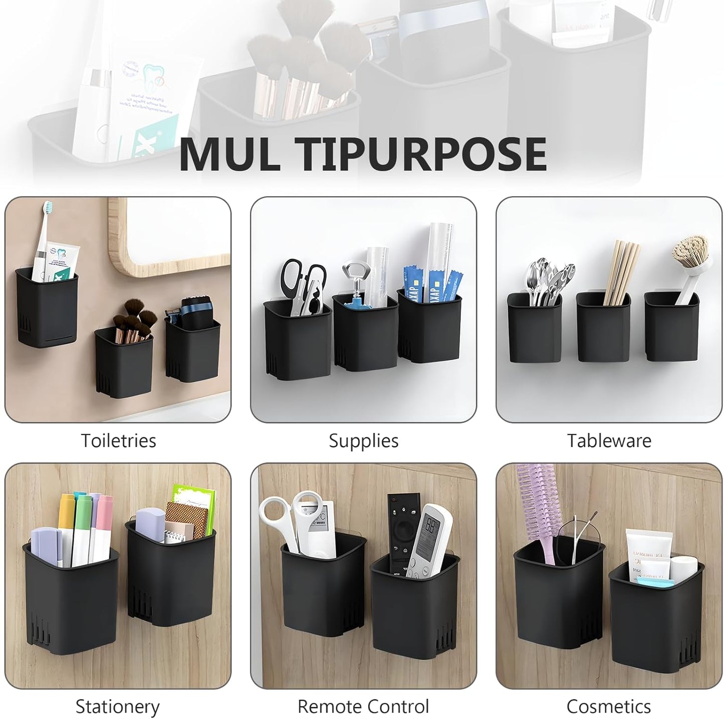 Toothbrush Holder Cup Wall Mounted Drill-Free for Bathroom Shower Electric Toothbrush Toothpaste Razor Holder Removable Waterproof Sturdy Self Draining, Tableware Holder for Kitchen(1pcs&Black)