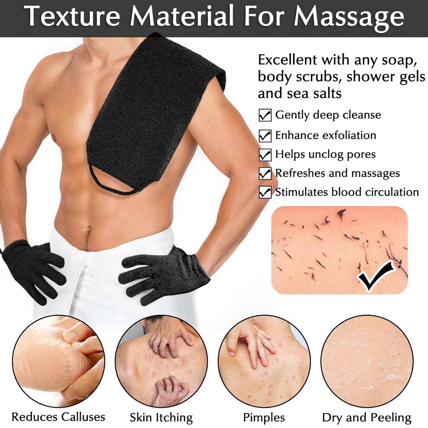 Anezus Exfoliating Back Scrubber Bath Gloves Set, Exfoliating Shower Towel with Shower Gloves for Body Scrub, Back Cleaner Wash Gloves to Remove Dead Skin (Black)