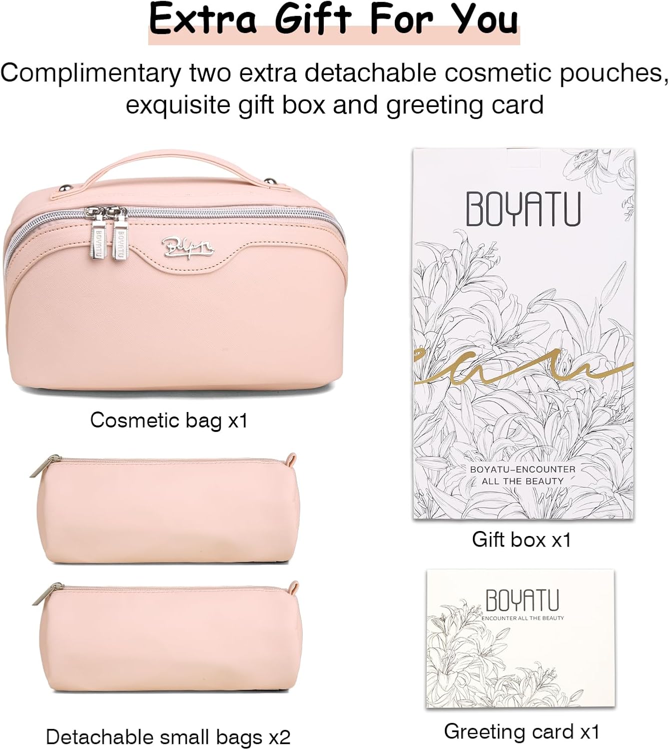 BOYATU Travel Makeup Bags for Women: Vegan Leather Cosmetic Bag Set of 3 - Large Capacity Make up Bag with Divider - Wide Open Waterproof Toiletry Organizer Bag with Handle (05-Pink)