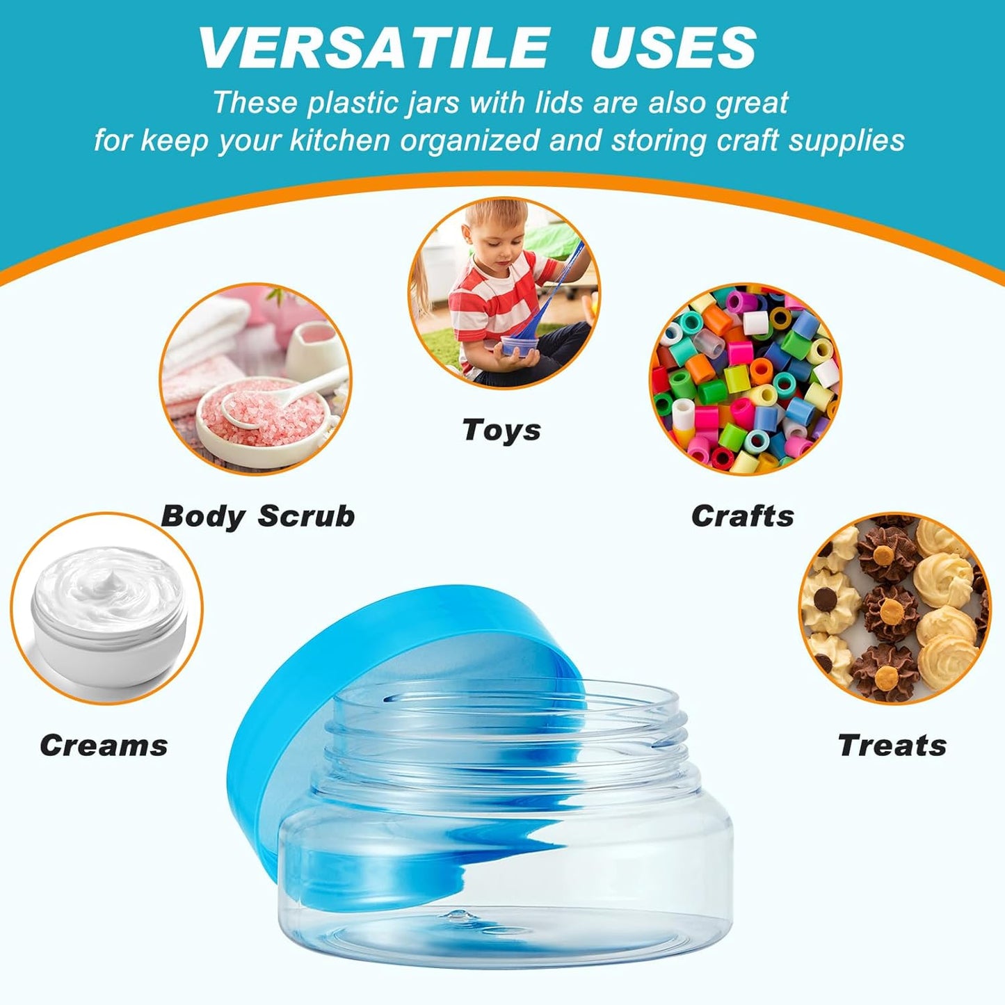 Tessco 24 Pack Plastic Jars with Lids Labels Empty Clear Plastic Jars Round Refillable Cosmetic Containers Body Butter Containers Bulk Sugar Scrub Bottle for Make Up(5 oz,Multicolor)