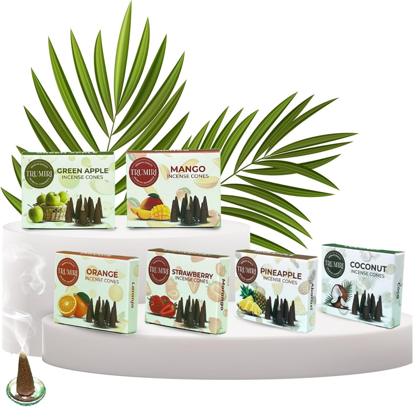 Trumiri Fruity Incense Cones - Variety Pack - Total 60 Cone Incense (6 Scents x 10 Conos) - Strawberry, Coconut, Pineapple, Apple, Mango, Orange - Cone Incense Scents - Insense Cones - Incent Cone
