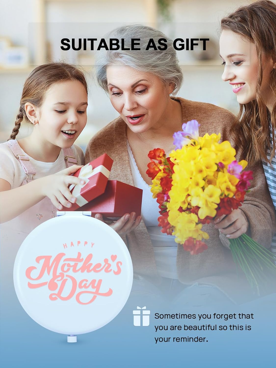 Compact Mirror for Purse, Double-Sided 1X/2X Magnifying Metal Pocket Makeup Mirrors(Round, Light Blue)