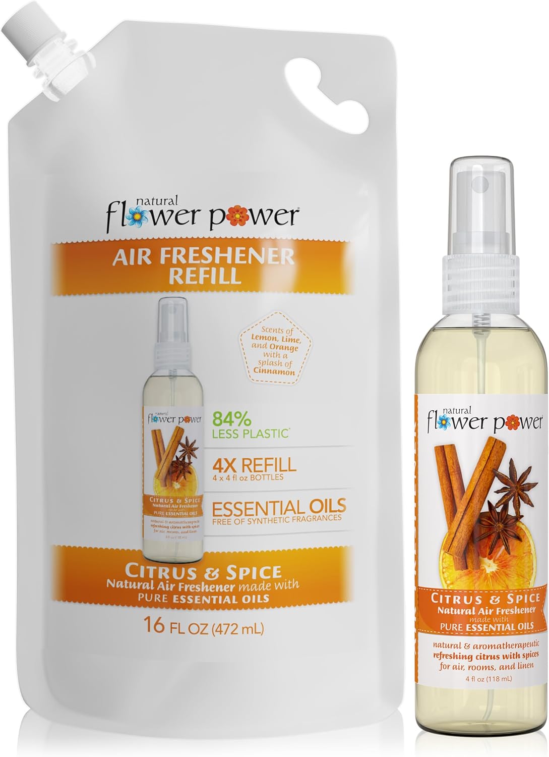 Air Freshener Spray Refills - Odor Eliminator w/Essential Oils - Home, Car & Fabric - Cruelty Free & Vegan – Citrus & Spice Spray 4 fl oz + Refill 16 fl oz Combo
