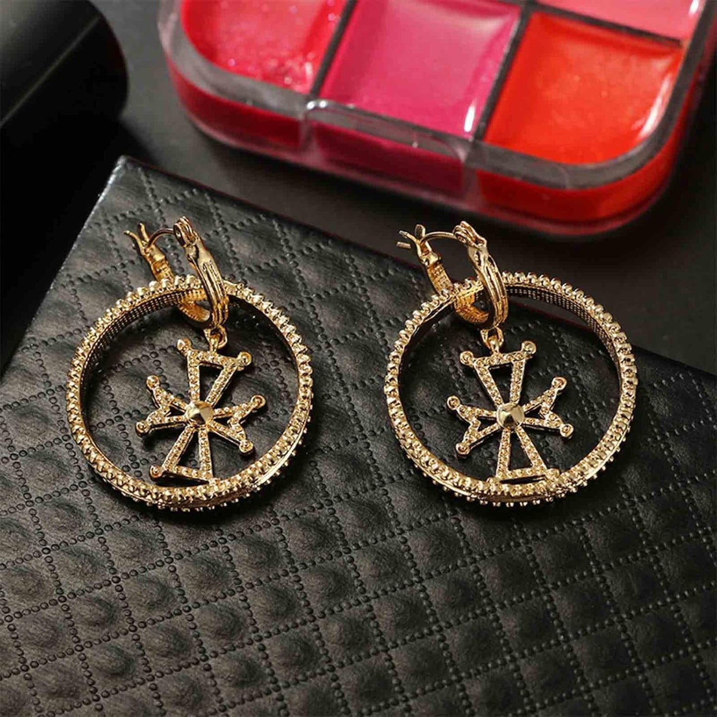 Punk Circle Cross Earrings Gold Circle Drop Dangle Earrings Brass Geometric Earrings Modern Chunky Drops Earrings Jewelry for Women and Girls Gifts