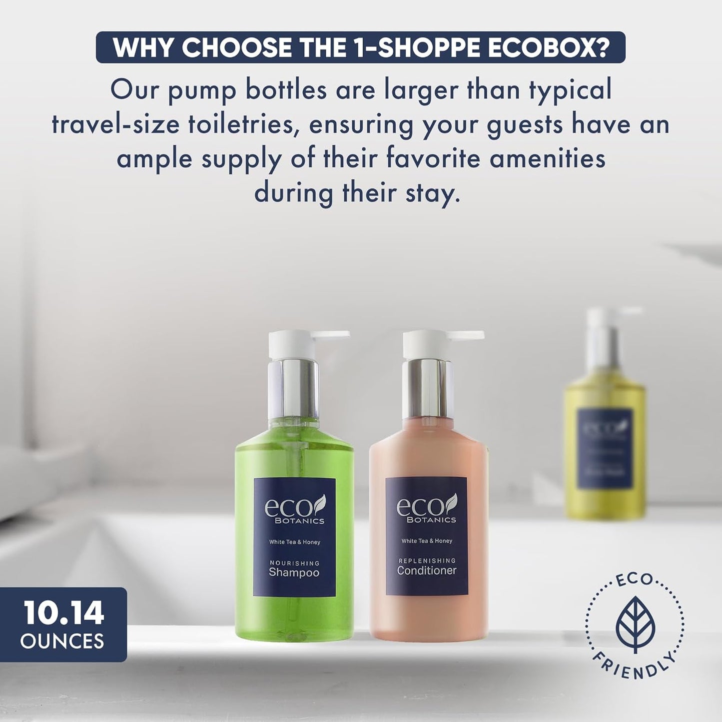 1-Shoppe Eco Botanics 20 Piece Ecobox All-In-Kit | White Tea and Honey Soap | 6 Shampoo, 4 Conditioner, 6 Body Wash & 4 Lotion | 10.14oz Hotel Soaps and Toiletries Bulk | Personal Care Products