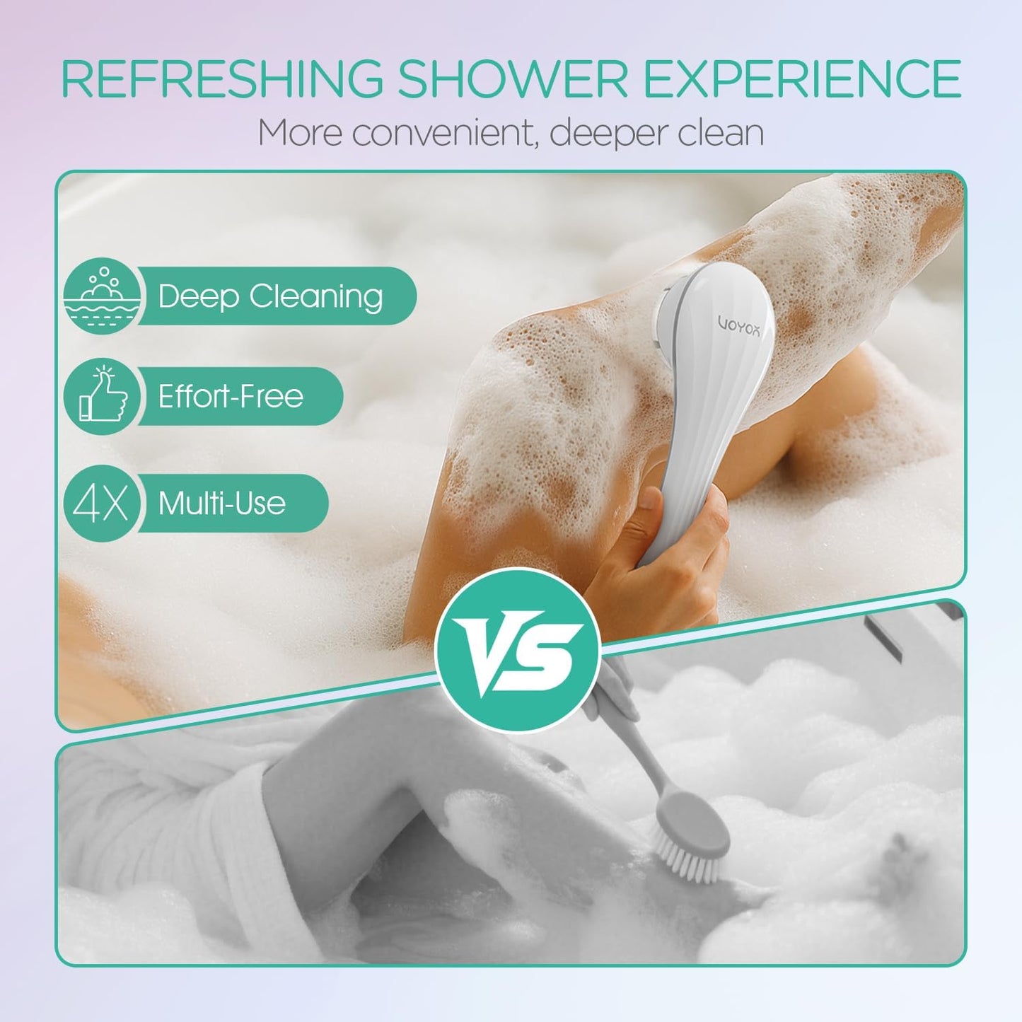 VOYOR Electric Body Brush Back Scrubber for Shower Rechargeable Exfoliating Bath Brush Powered Shower Brush with Non-Slip Long Handle Deep Cleansing, Exfoliation, Massaging Spin Brush BC100 (Gery)