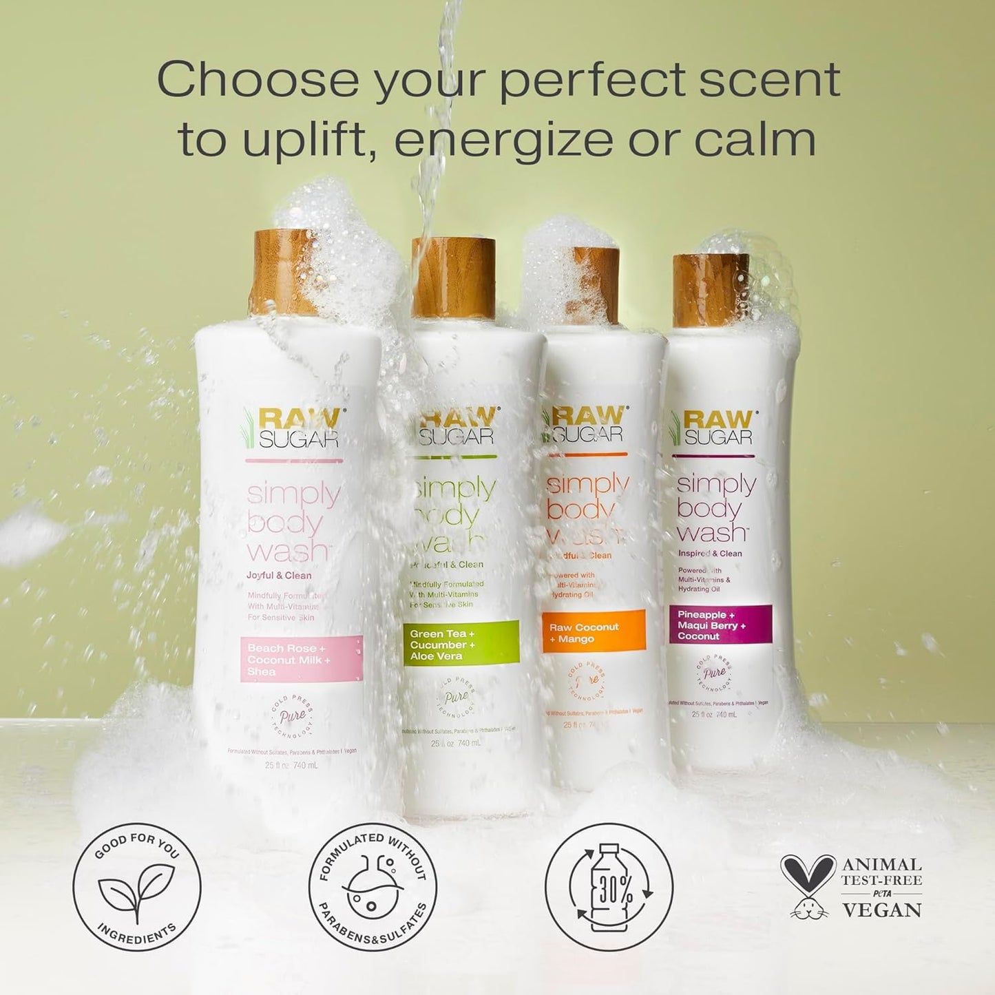 RAW SUGAR Moisture Loving Body Wash - Watermelon + Fresh Mint, Moisturizing & Refreshing Bath & Shower Gel, Sulfate-Free, Paraben-Free & Vegan (Pack of 3)