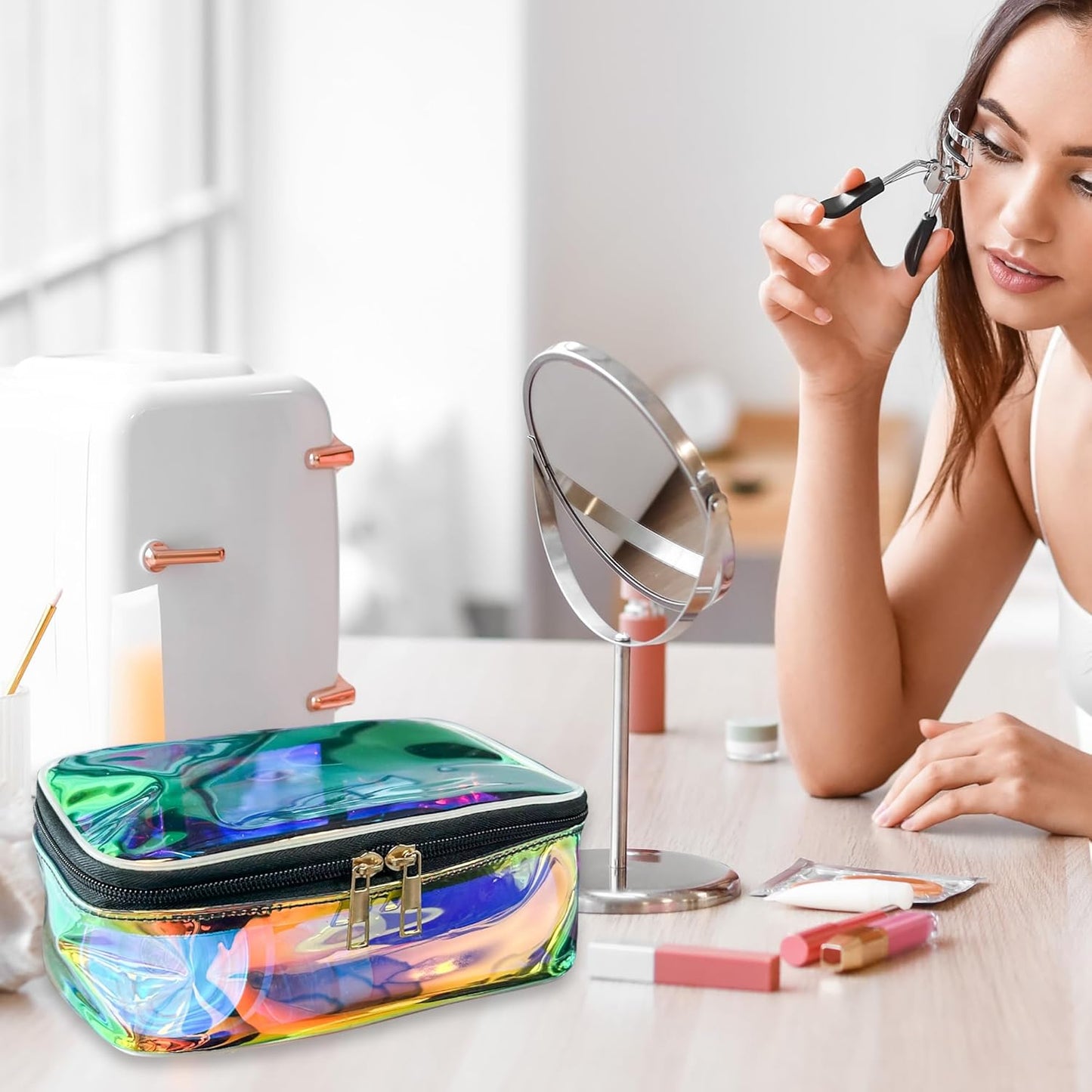 7.8"X5.5"X3.1" TPU Blue Laser Clear Toiletry Pouch Waterproof Cosmetic Organizer with Large Capacity & Zipper Clouse for Pool Beach Travel Concert Sports Commute