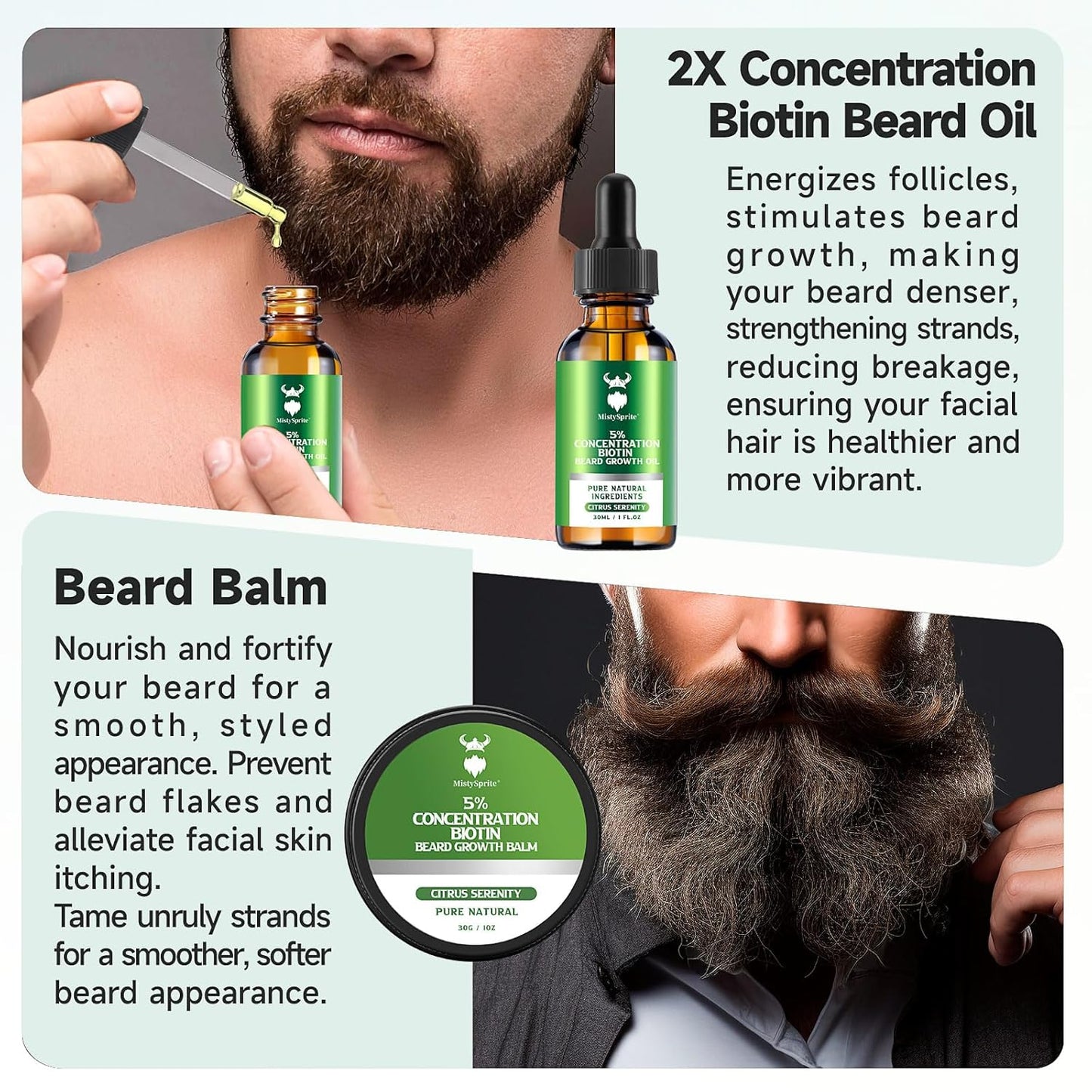 Beard Growth Oil & Beard Balm - Beard Growth Kit with 5% Concentration Biotin for Men, Natural Ingredients with Argan Oil, Jojoba Oil and Vitamin (Citrus Serenity)