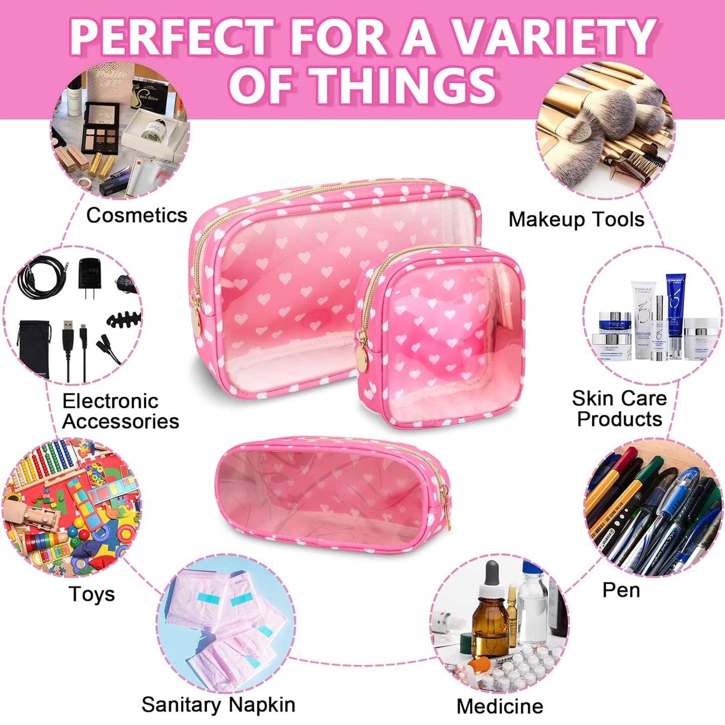 Clear Mini Makeup Bag for Purse, Small Nylon&PVC Cosmetic Travel Bag TSA Approved Toiletry Bag with Zipper, Preppy Transparent Makeup Travel Bag Coin Purse for Women Men Girls(Mini-Pink Heart)