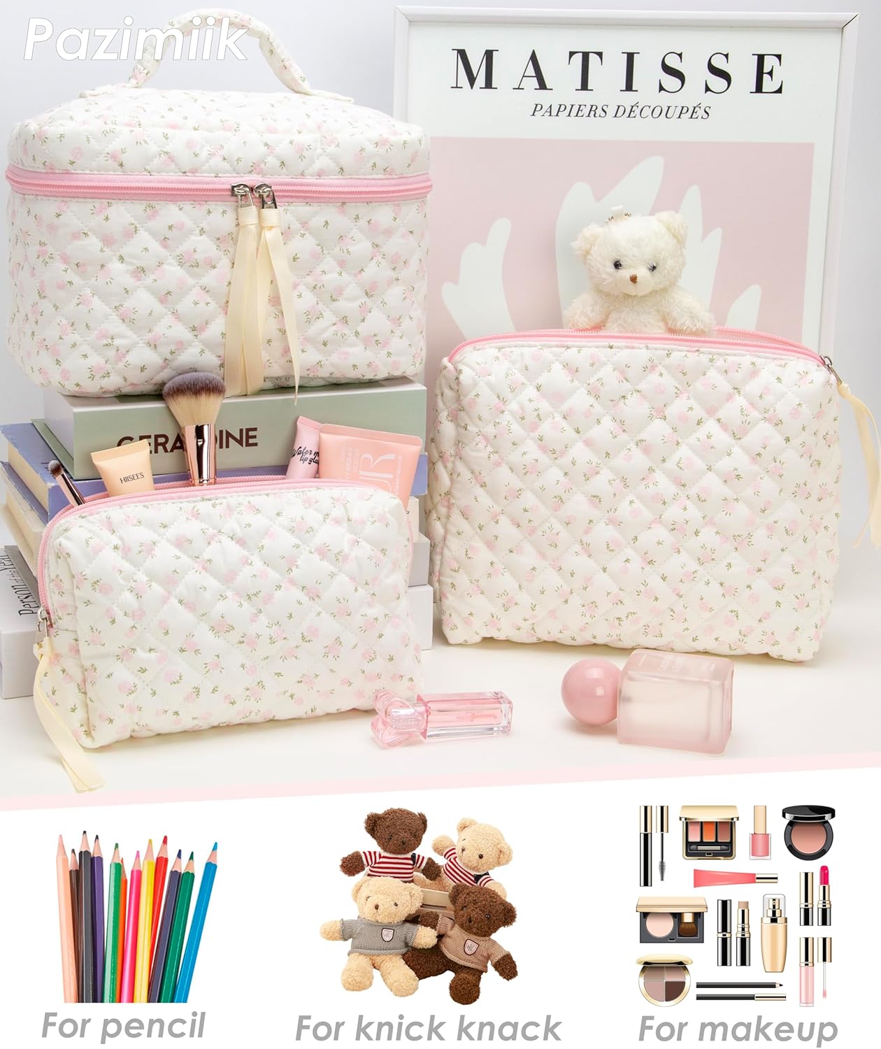 3PCS Makeup Bag SET Large Travel Quilted Zipper Soft Cosmetic Case Pouch for Women Girls Make Up,Little Flower Pink