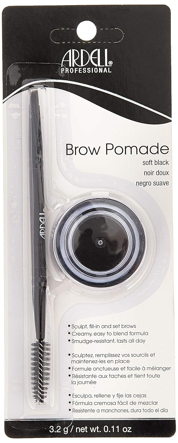 Ardell Brow Pomade - Soft Black, Smudge-Proof Long-Lasting Eyebrow Makeup, with Dual-Ended Precision Brush and Spoolie for Defined and Natural Brows, 1 Pack