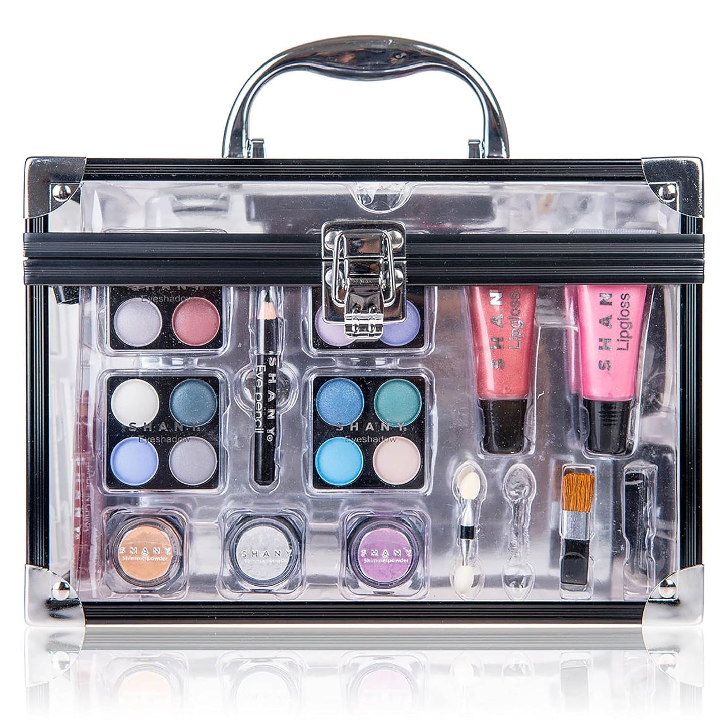 SHANY Carry All Trunk Makeup Train Case with Re-usable Aluminum Makeup Storage Case. Non Toxic Color Make up Set with Eye palettes, Blushes,Makeup Powders, Manicure, Pedicure and Makeup Brushes.