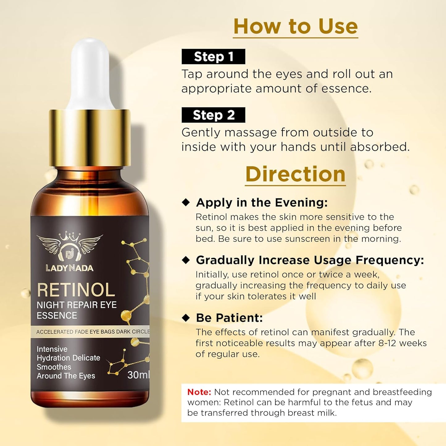 LADY NADA Retinol Eye Serum – Anti-Aging Night Treatment with Collagen, Vitamin E & Natural Extracts – Smooths Fine Lines, Deeply Hydrates, Long-Lasting Effect – For All Skin Types – 1.0 fl oz