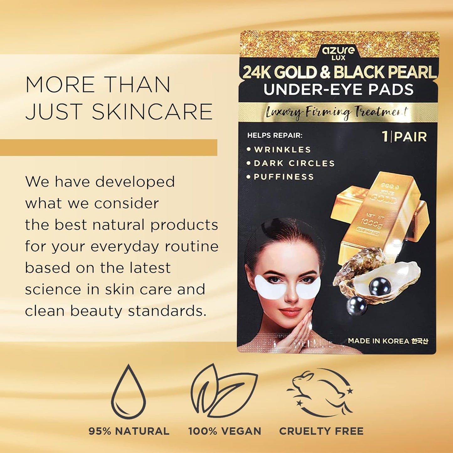 AZURE 24K Gold & Black Pearl Luxury Firming Under Eye Pads - Moisturizing & Restoring Eye Mask Patches - Reduces Fine Lines, Wrinkles, Dark Circles & Puffiness - Skin Care Made in Korea - 5 Pairs