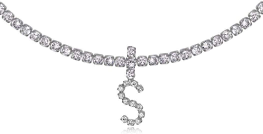 Silver Choker Necklace Rhinestones Shinning Letter M Fashion Letter A Sparkly Letter S Jewelry for Women Girls