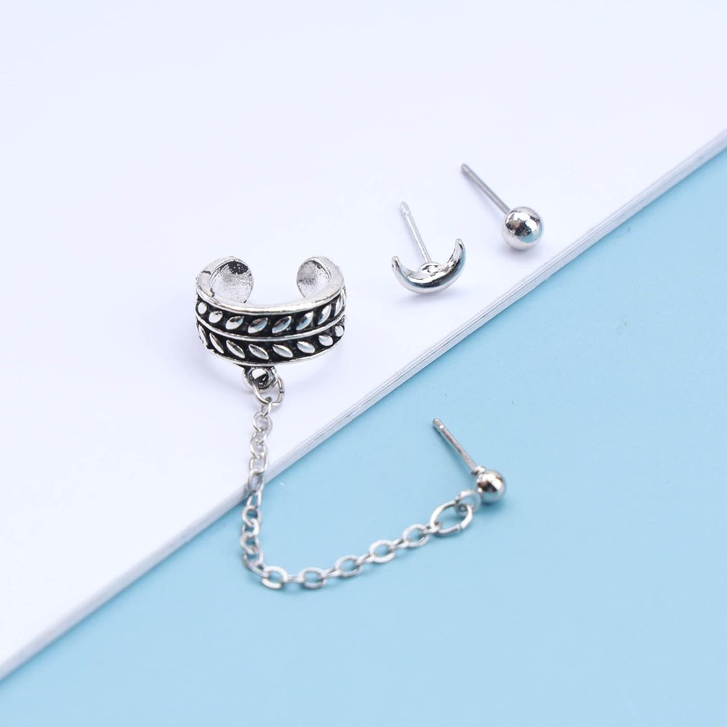 Bohemia Moon Cuff Chain Earrings Silver Chain Climber Dangle Earrings Tassel Chain Cartilage Earrings Chain Drop Dangle Earrings Set for Women and Girls