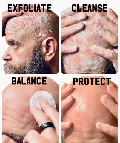 Mountaineer Brand Bald Head Care Gifts For Bald Men | All Natural 4 Step Daily Skin Care for Healthy Scalp & Face | Exfoliate Scrub | Cleanse Wash | Shine Away PH Balance | Protect Moisturizing Balm