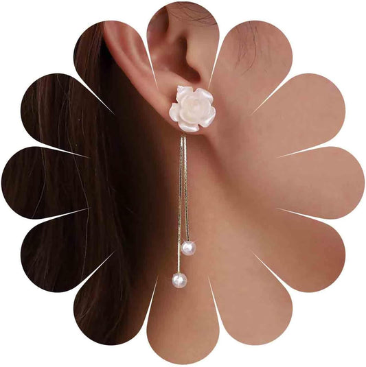 Vintage Flower Pearl Drop Earrings Long Tassel Pearl Earrings White Camellia Stud Earring Gold Pearl Chain Dangle Earrings Jewelry for Women