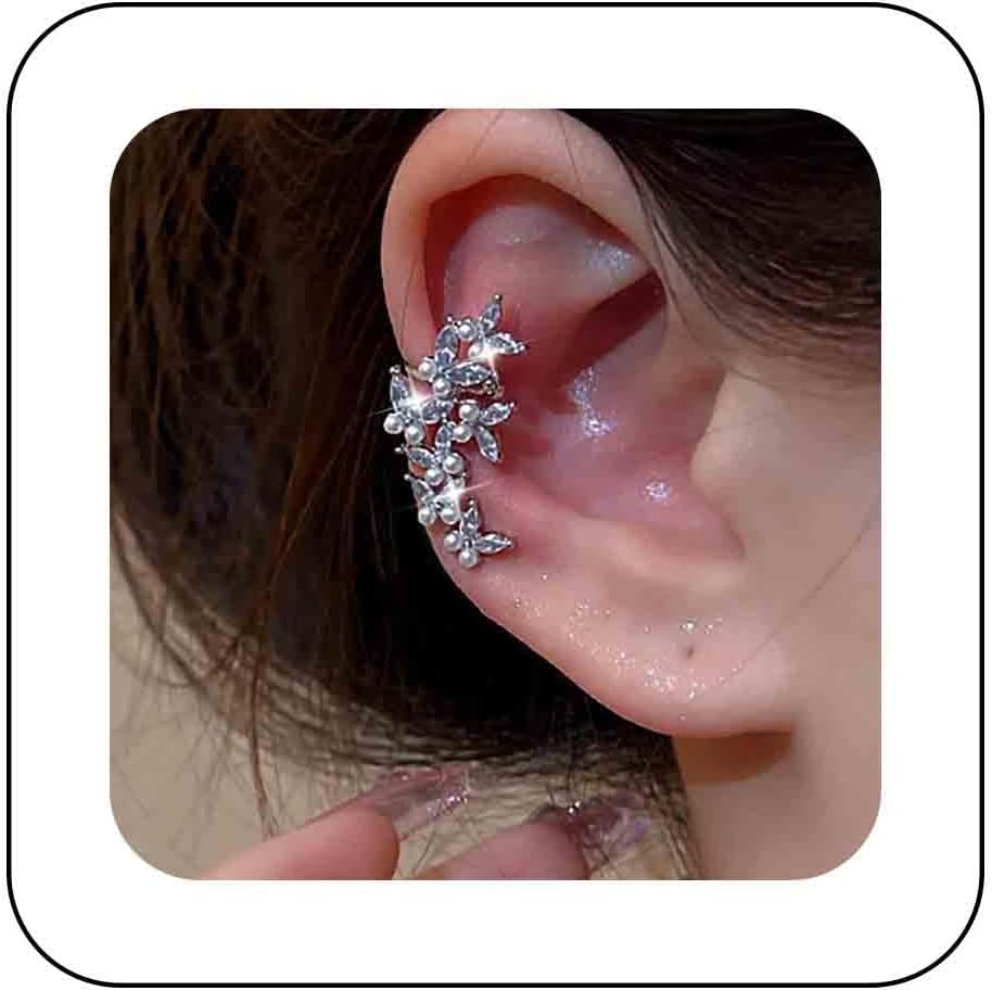 Vintage Crystal Pearl Ear Cuff Earrings Rhinestone Butterfly Cuff Wrap Earrings Cz Butterfly Ear Climber Cuff Earrings Silver Pearl Cz Non Piercing Earring Jewelry for Women(Left)