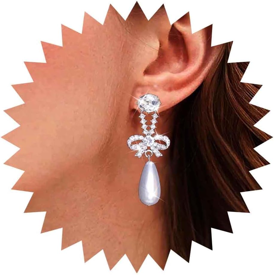 Vintage Teardrop Pearl Dangle Earrings Long Cz Pearl Drop Earrings Silver Crystal Bow Stud Earrings Rhinestone Pearl Bridal Earrings Jewelry for Women