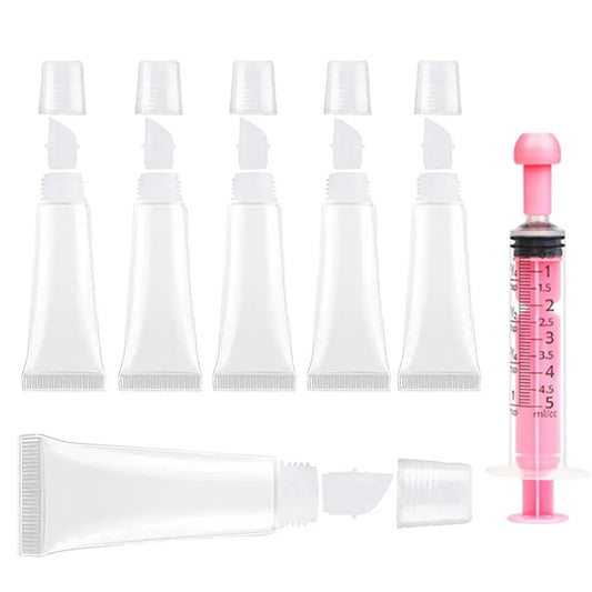 6PCS Empty Lip Gloss Tubes - 8ml Clear Lip Balm Tubes with 5ml Syringes - Refillable Squeeze Lip Balm Containers - Mini Cosmetic Soft for DIY Lip Gloss and Travel Toiletries