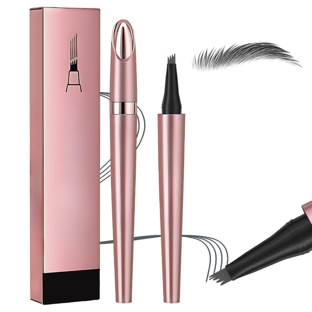 Microblading Eyebrow Pen, New 3D Microblading Eyebrow Pencil, Waterproof Eye Brow Pen with 4 Tip, Natural Magic Eyebrow Makeup Fine Stroke Contouring Pencil Long-Lasting Stay on All Day (Gray)
