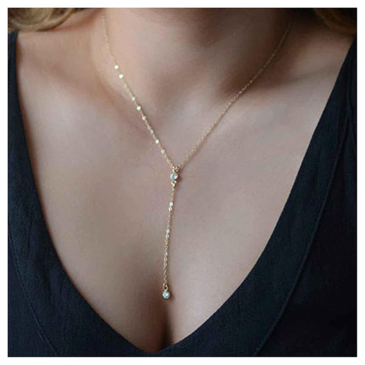 Boho Crystal Y Drop Necklace Choker Gold Long Y Necklace Chain Minimalist Cz Lariat Necklace Classic Simple Y Lariat Necklace Jewelry for Women and Girls Gifts