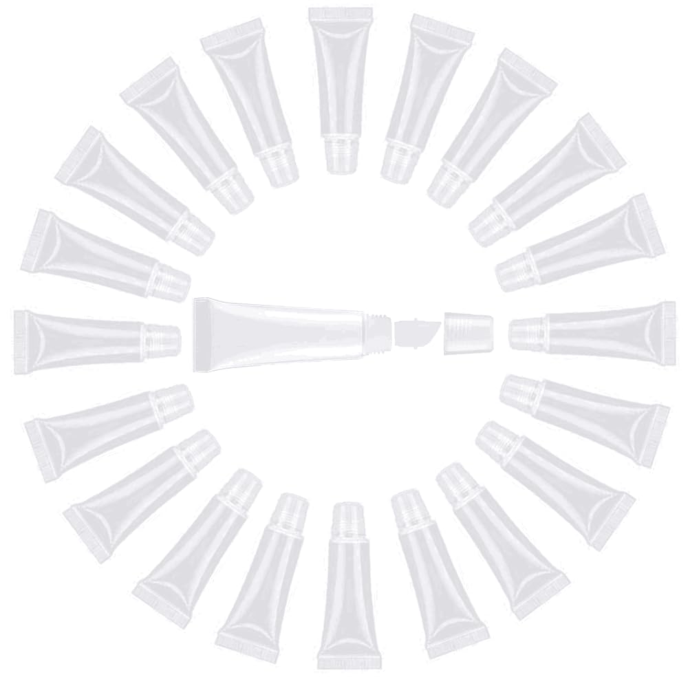 JIAKAI 10ml Mini Clear Refillable Empty Tubes Lip Gloss Balm Container，Soft Tubes Makeup Box，Shampoo Samples Empty Tubes with Screw Cover (20pcs)