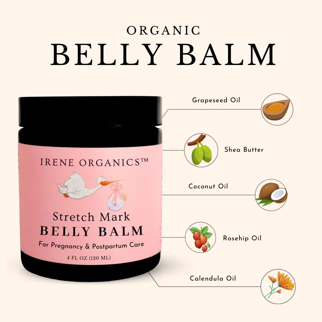 Organic Belly Butter for Pregnancy Stretch Mark Prevention and Treatment by Irene Organics - Award Winning Anti Stretch Mark Tummy Balm For Pregnancy and Postpartum 4oz - Hydrating Bump Cream