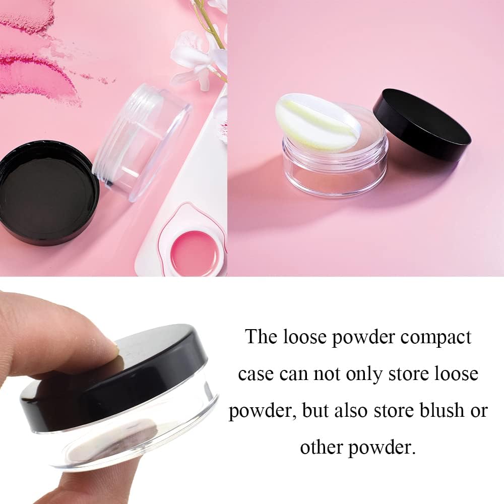 HAHIYO 4pcs 10ml/0.34oz Plastic Empty Travel Compact Case Makeup Cosmetic Jar Refillable Powder Box No Leak Holder with Common Sifter and Black Screw Lid