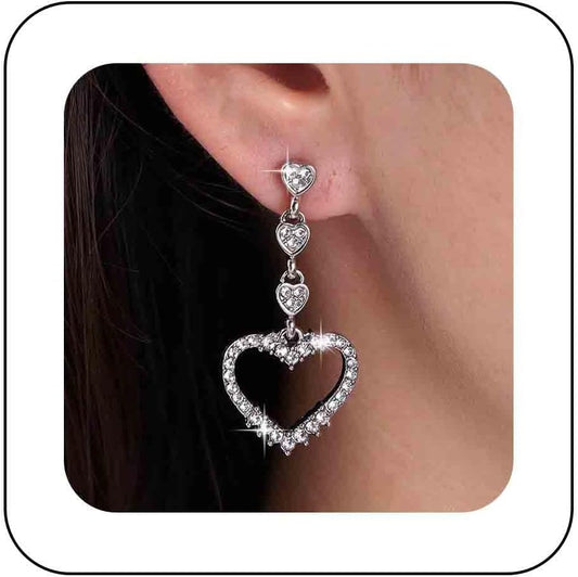 Vintage Rhinestone Heart Dangle Earrings Long Crystal Heart Earrings Silver Hollow Heart Drop Earrings Cz Love Heart Stud Earrings Jewelry for Women