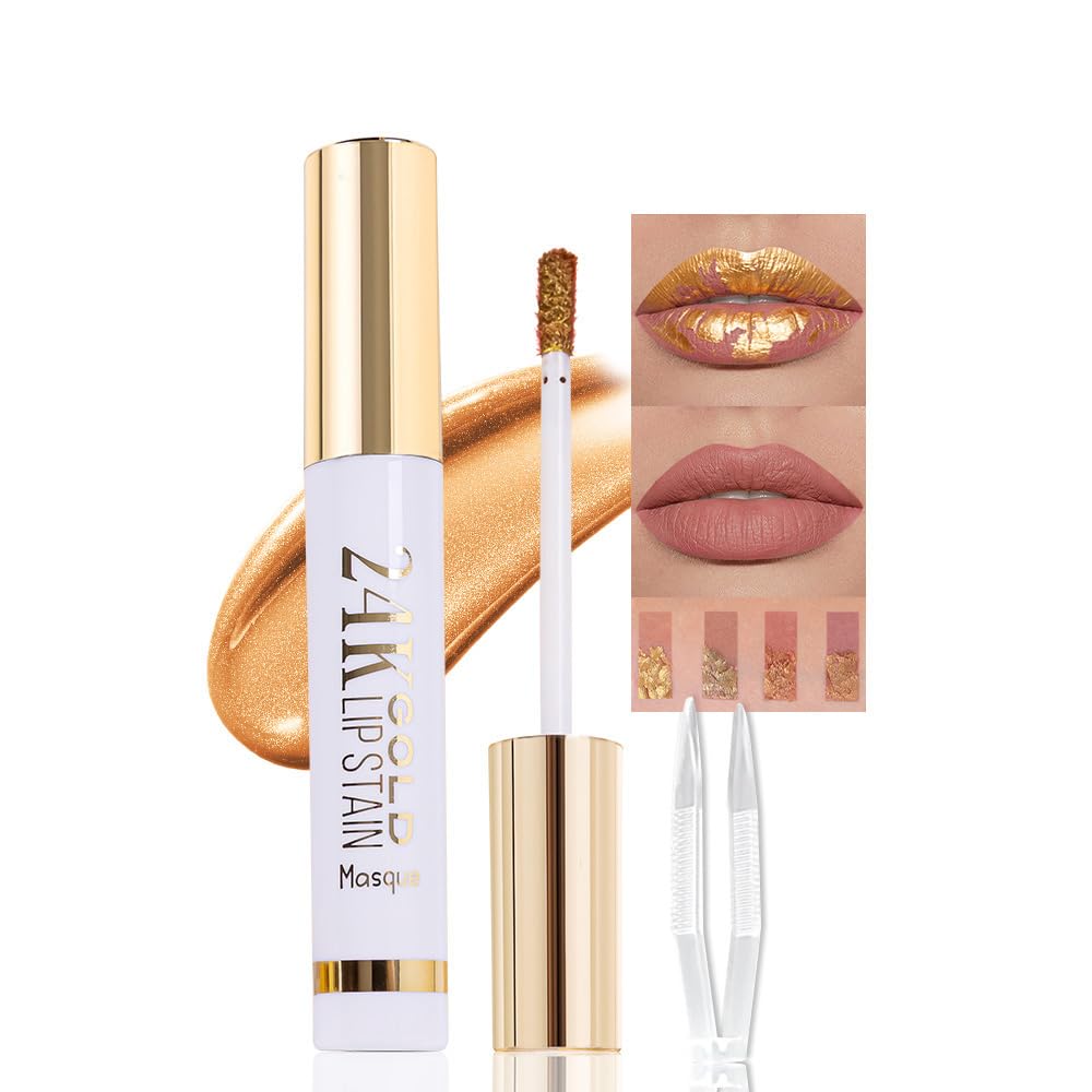 2025 New 24K Gold Liquid Lip Gloss Peel Off Lip Stain Tattoo with Tweezer, Ruby Red Lips Stain Peel Off Masque, Long Lasting Waterproof Lip Tint Stain, Transfer-proof for All Skin Types 03#