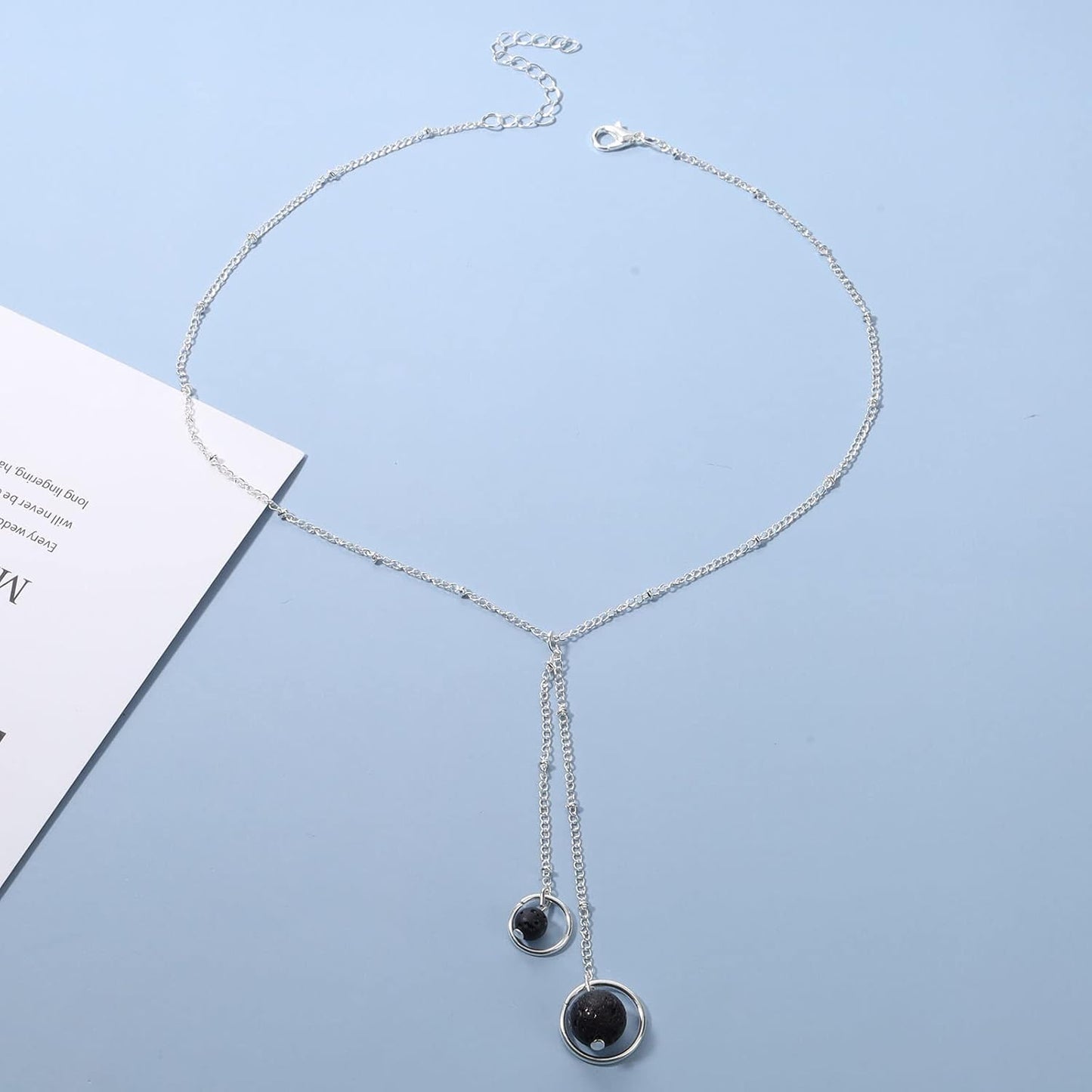 Boho Lava Stone Necklace Chain Silver Layered Chain Y Necklace Lava Bead Lariat Necklace Anxiety Essential Oil Diffuser Necklace Jewelry for Women