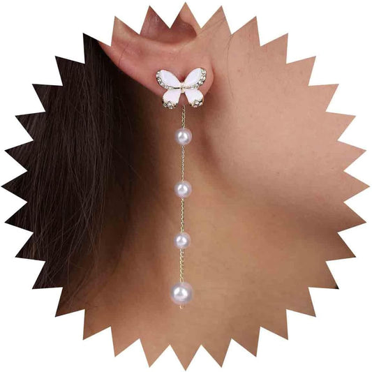 Vintage Butterfly Pearl Drop Earrings Gold Pearl Chain Earrings Long Pearl Tassel Earrings White Butterfly Stud Earrings Wedding Pearl Earrings Jewelry for Women
