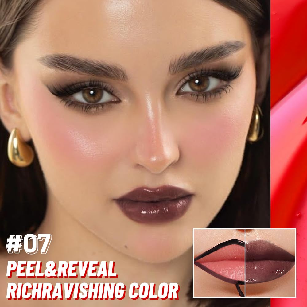 Maroon Lip Stain Peel Off Lip Gloss oil Dual-Ended Combo, Lips Liner Stain Peel Off Tattoo, Long Lasting & Waterproof, Transfer-Proof Lip Tint Stain with Lip oil for All Skin Type 07#
