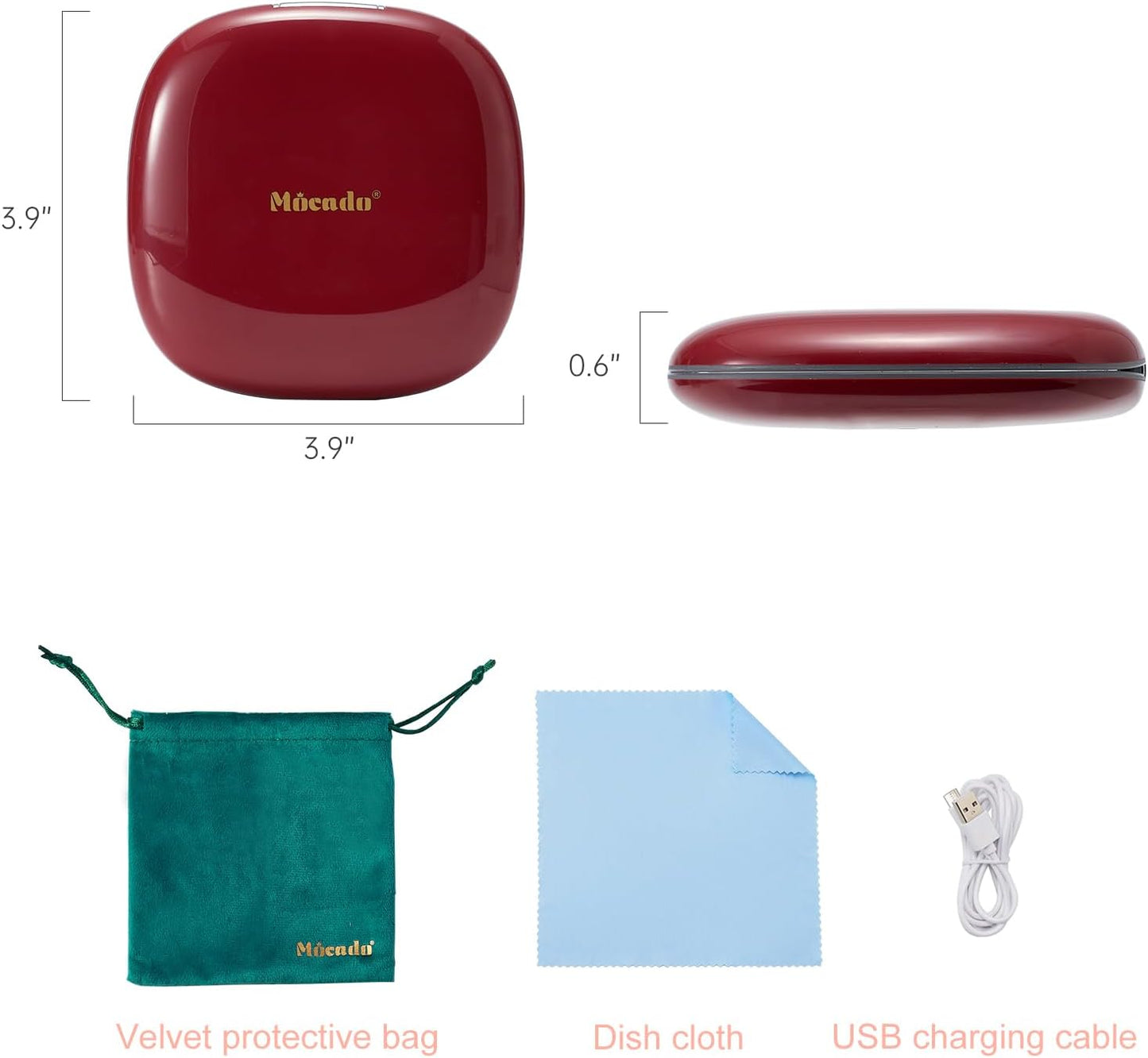 Mocado Compact LED Travel Makeup Mirror - 4 Inches 1X/10X Magnification Travel Mirror with Light Dimmable Double Sides Lighted USB Rechargeable Compact Mirror for Purse,Pocket,Travel(Wine Red)