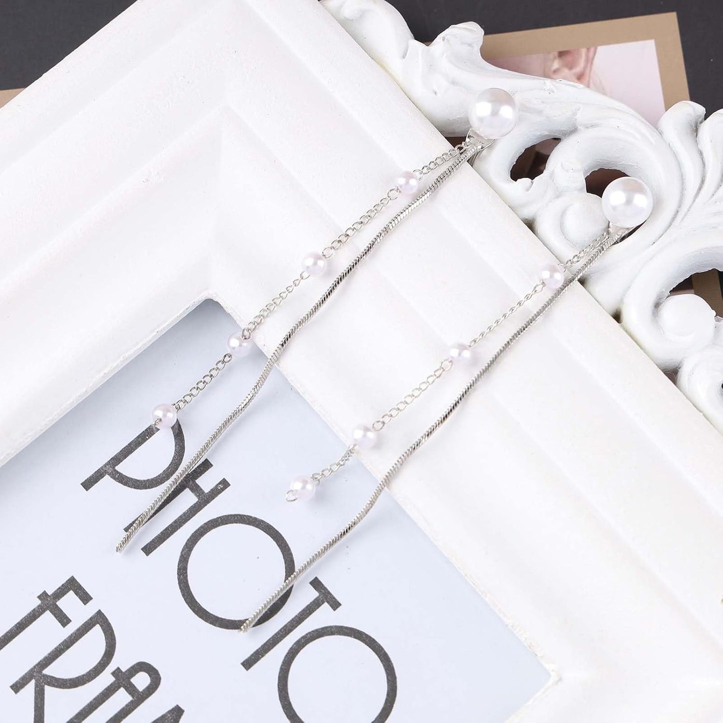 Vintage Pearl Dangle Earrings Long Pearl Chain Earrings Silver Pearl Tassel Drop Earrings Tiny Pearl Bridal Earrings Jewelry for Women