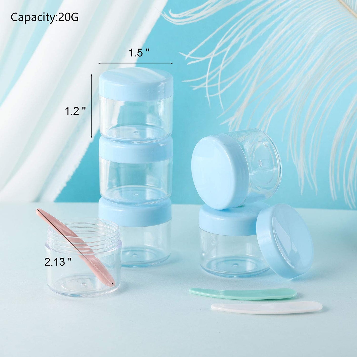Refillable Cosmetic Sample Jars - 100 Pack 20g (0.7oz) Blue Small Travel Containers with Lids + 10 Mini Makeup Spatulas - BPA Free