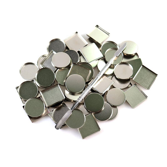 50 Pcs Empty Metal Pans, Makeup Palette Pans for Eyeshadow Magnetic Cosmetic Palette Size 26mm (Square&Round&depotting spatula)