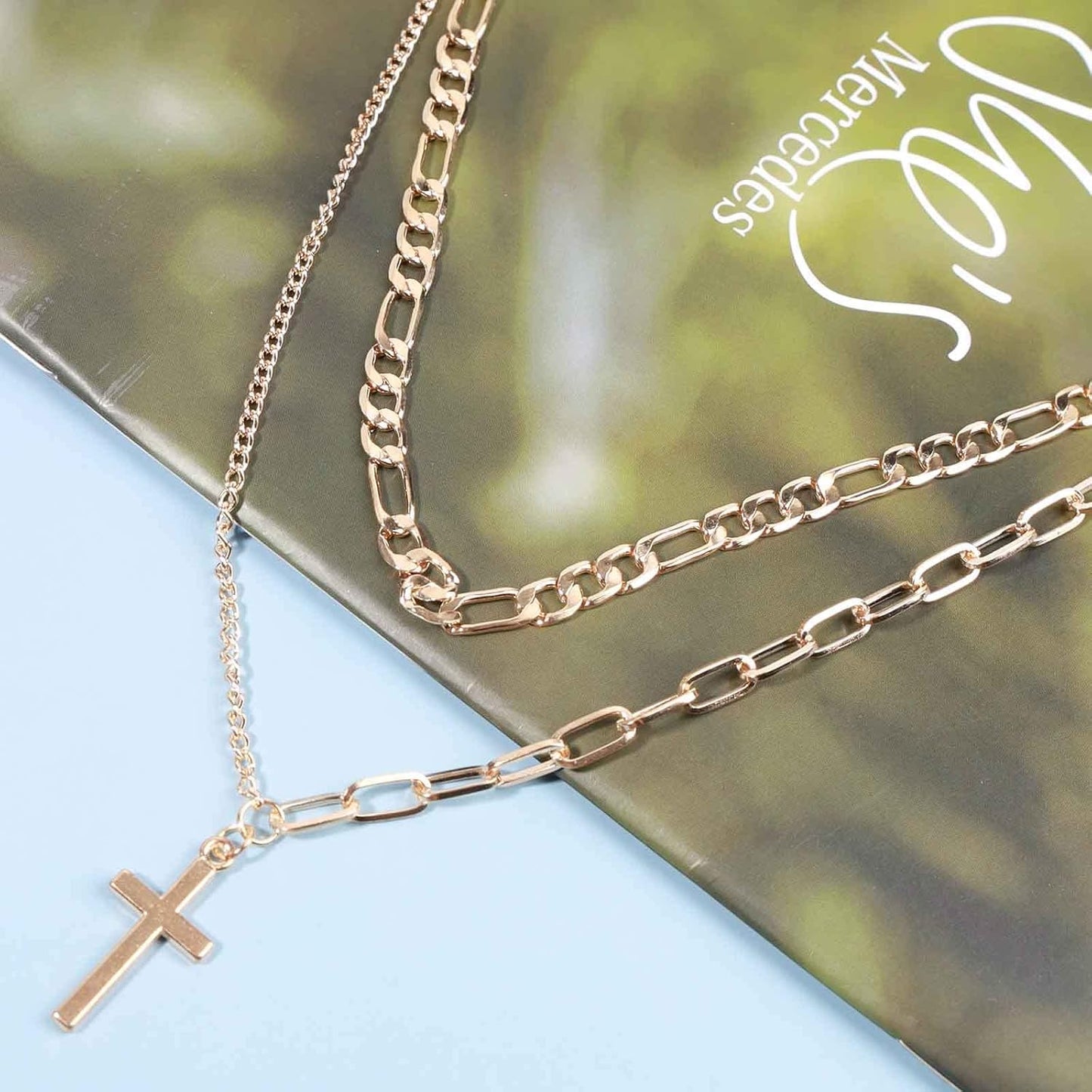 Vintage Layered Cross Necklace Choker Gold Cross Pendant Necklace Figaro Chain Necklace Layering Chunky Chain Choker Necklace Religious Jewelry for Women and Girls