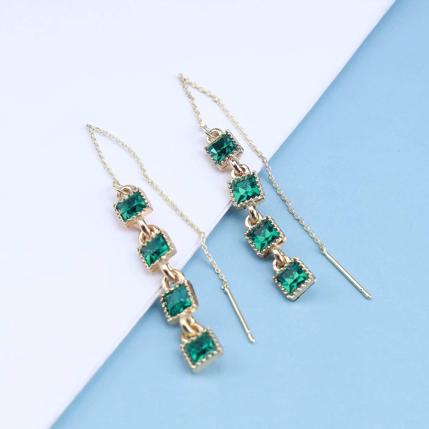 Vintage Emerald Crystal Threader Earrings Green Gem Drop Earrings Emerald Cz Square Earrings Gold Long Emerald Chain Earrings Jewelry for Women