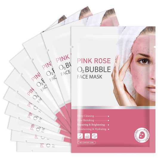 Pack of 10 Pink Rose O2 Bubble Face Masks Skincare, Spa Presents for Women, Bubble Face Sheet Mask Cleaner Foaming Purifying Facial Mask for Acne and Pores Moisturizing Beauty Sheet Masks