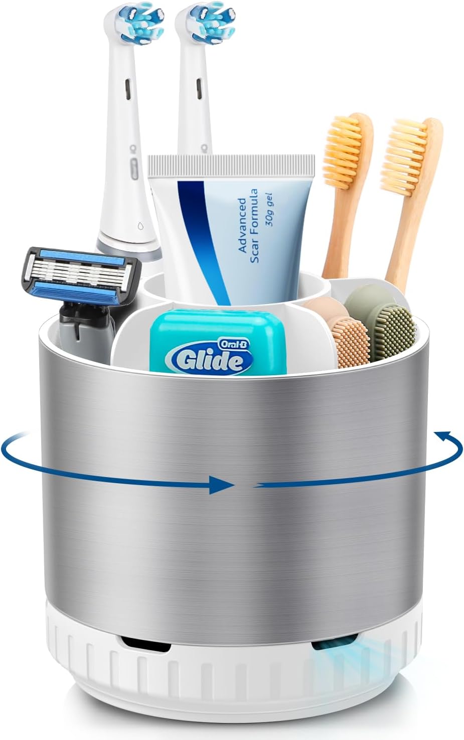 Silver Toothbrush Holders for Bathrooms Countertop Organizer - Kids Electric Toothbrush and Toothpaste Holder Rotating Tooth Brush Organization Bathroom Sink Accessories Storage Caddy